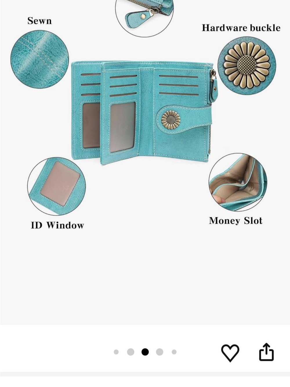 Women’s Teal Card Wallet with Flower Snap - Picture 5 of 7